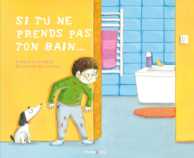 ilustration enfant et chien devant salle de bain